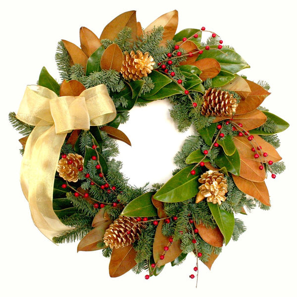Our Fresh Magnolia, Fir and Pinecone Christmas Winter Wreath is handcrafted in the USA and features fresh magnolia and fir materials farm grown here in the USA. This 20” in diameter wreath features gilded pinecones with mixed fresh magnolia and fir and will create the perfect holiday accent in your home