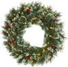 Our Frosted Pine Front Door LED Lighted Wreath is 24” in diameter and has been intricately designed from a rich collection of pine foliage, carefully accented throughout with bright red holly berries that look incredibly lifelike - all frosted with a hint of faux snow. Arriving pre-strung with 35 clear LED lights to effortlessly illuminate either a wall or door.