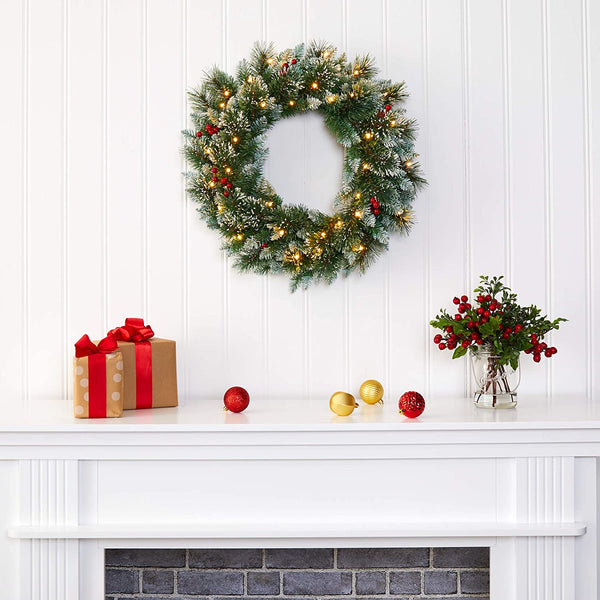 Our Frosted Pine Front Door LED Lighted Wreath is 24” in diameter and has been intricately designed from a rich collection of pine foliage, carefully accented throughout with bright red holly berries that look incredibly lifelike - all frosted with a hint of faux snow. Arriving pre-strung with 35 clear LED lights to effortlessly illuminate either a wall or door.