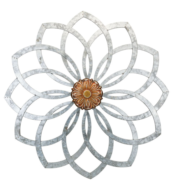 Our large galvanized country rustic Galvanized Metal and Copper Lotus Medallion Indoor Outdoor Wall Décor will certainly transform any wall, indoor or outdoors. It also features a hand painted copper finished medallion center… making the contrast in colors the perfect accent piece for any wall indoors or outdoors. It is 33.5" in diameter x 1.75" deep and ready to hang in your featured wall.