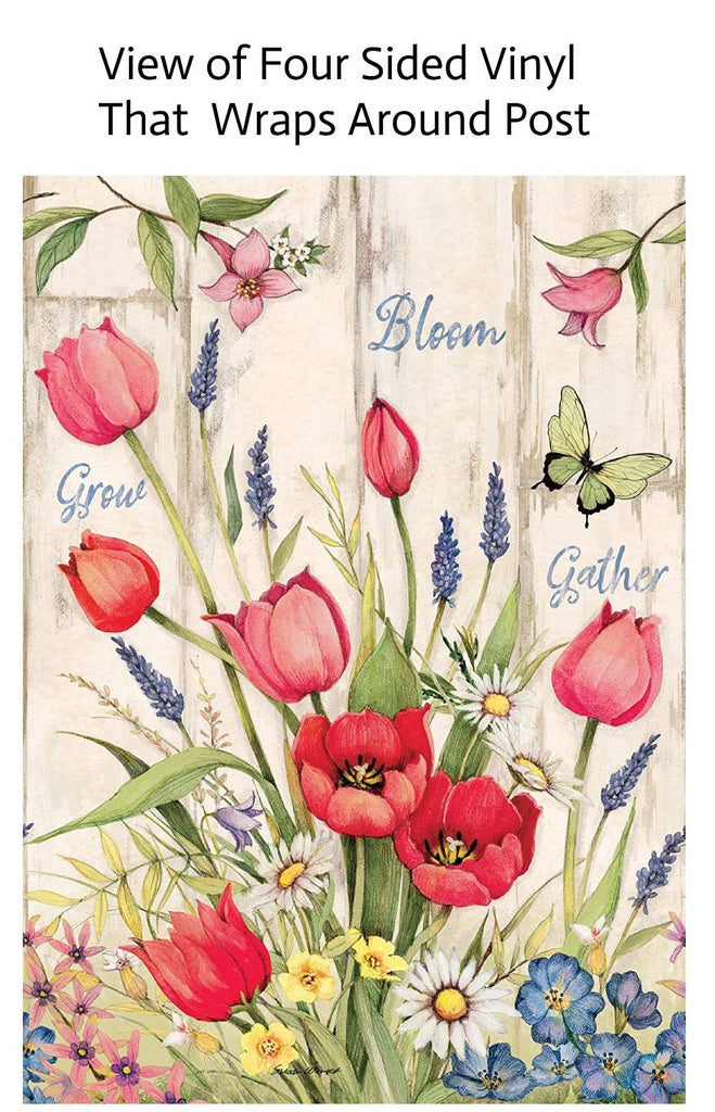 A view of the vinyl that completely covers our Gather, Grow, Bloom Tulip Birdbath with Stainless Steel Bowl