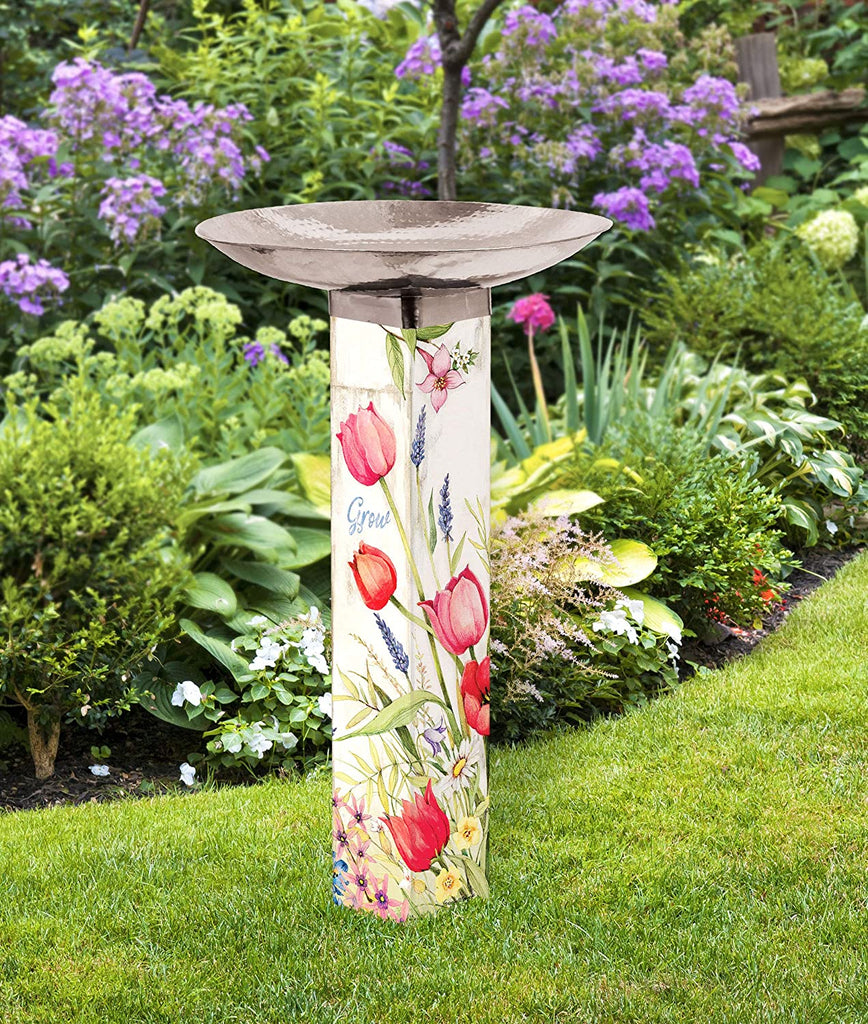 Our Gather, Grow, Bloom Tulips Birdbath with Stainless Steel Bowl Art Poles™ Birdbaths are designed and manufactured here in the USA. The Art Poles™ base is made of durable, automotive grade PVC, and topped with a stainless steel birdbath bowl. It is easy to install, no digging required for installation and all hardware is included. The pole is 31” tall x 5” in deep, and the birdbath bowl is 18” in diameter. 