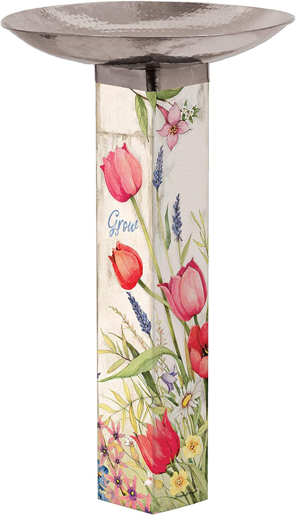 Our Gather, Grow, Bloom Tulips Birdbath with Stainless Steel Bowl Art Poles™ Birdbaths are designed and manufactured here in the USA. The Art Poles™ base is made of durable, automotive grade PVC, and topped with a stainless steel birdbath bowl. It is easy to install, no digging required for installation and all hardware is included. The pole is 31” tall x 5” in deep, and the birdbath bowl is 18” in diameter. 