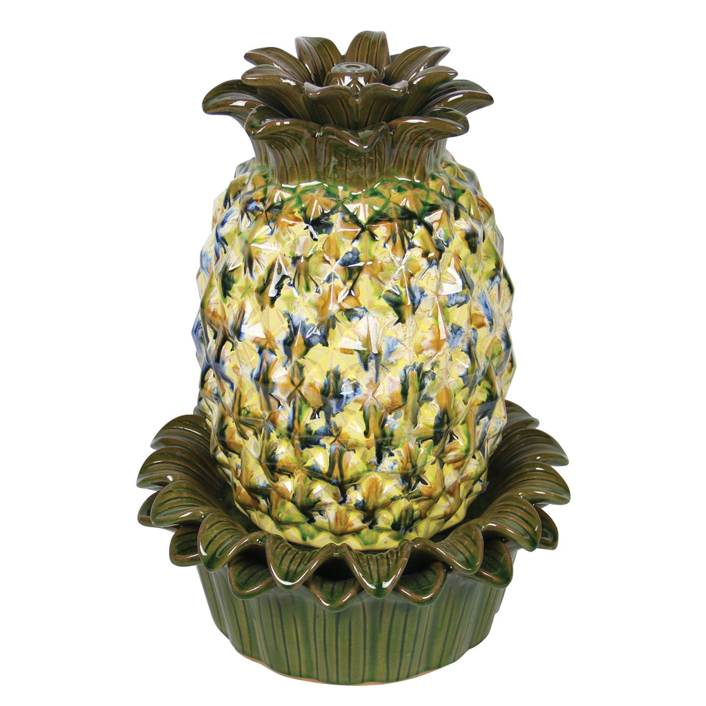 Our Glazed Pineapple Fountain is an elegant, fully self-contained ceramic fountain  that will add color and tranquility to your patio, deck, or elsewhere in your home or garden. It is a pretty accent to add to a table while serving foods of your choice. Water will beautifully bubble and cascade down the pineapple to the bowl below. Overall size is: 13-3/4” round x 18” high.