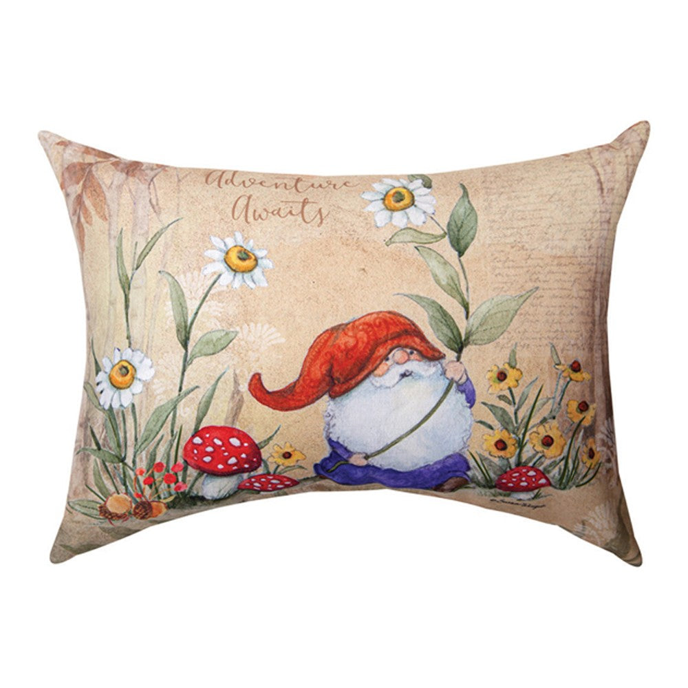 Add fun to your indoor and outdoor spaces with our Gnomes in the Forest Reversible Indoor Outdoor Lumbar Word Pillows. Our set of two 18”x13” lumbar pillows are sold as a set so you don’t miss out on the phrases on either side of the pillows. One side features Adventure Awaits and the other side, Savor the gmoment. 