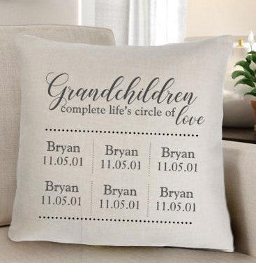 Our Grandparents Circle of Love Personalized Throw Pillow is 16” and are custom made to order It can be personalized with the names of up to 6 of your grandkids, along with their dates of birth.  This pillow it is sure to be a treasured item. This white background pillow with black printing makes this a charming stand out for any home or indoor patio. Made of cotton fabric, it features a poly-fiber insert with zip closure that can easily be removed and washed. 