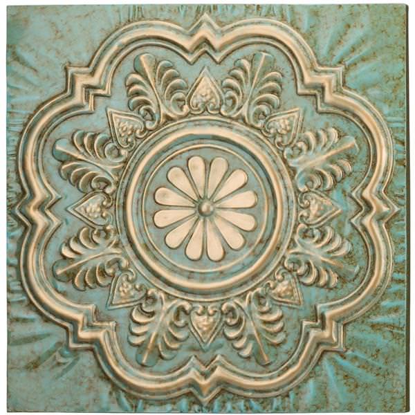 Our large 24” square, Green and Gold Glazed Metal Indoor Outdoor Wall Décor has been handcrafted by skilled artisans and will add sophistication to any indoor and outdoor wall space. The glazed green metal features gold, hand painted detailing, as well as antique detailing that is stunning and trendy.  The powder coated finish protects this item for outdoor use, in addition to indoor use. Size is 24" square x 1.50" deep and ready to hang in your featured wall.