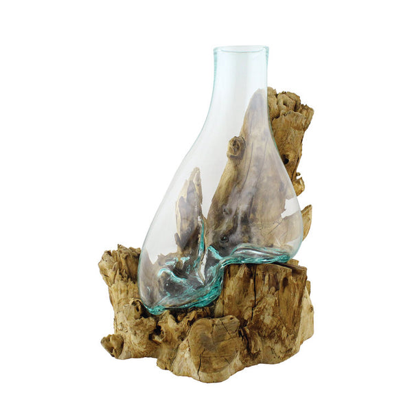 Our Hand Blown Molten Glass and Bleached Wood Vase  is 15” in height and a beautiful accent piece for fresh and faux floral arrangements