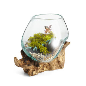 Our Mini Hand Blown Molten Glass and Wood Root Sculptured Terrarium / Vase / Fish Bowl (7x7”) shown in our bleached wood color. This item is also available in dark wood color.