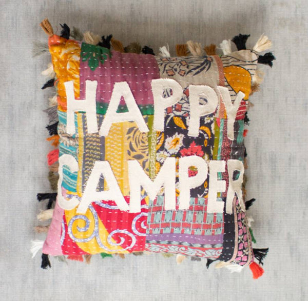 Add color and style to your home and RV with our handcrafted to perfection, Happy Camper Patchwork Word Throw Pillow