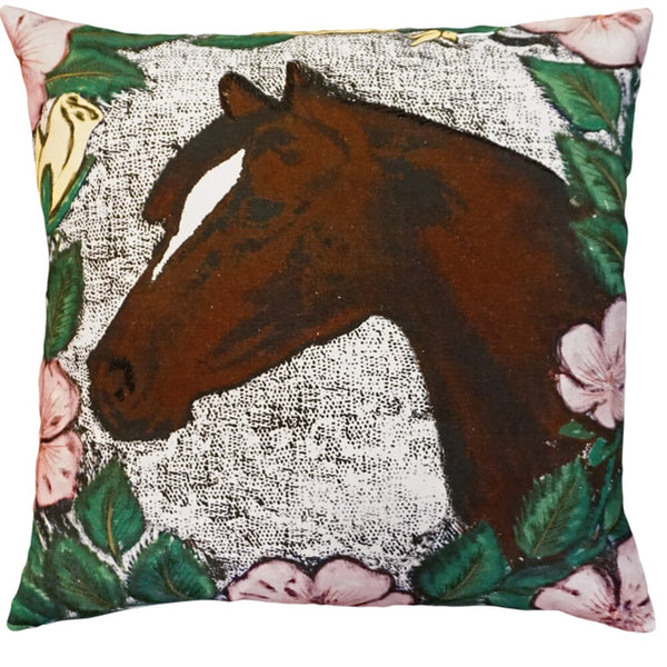 Our  Horse Printed and Embroidery Embellished Throw Pillow is 20” square and comes with your choice of polyester filling or, for an upcharge, you can have your pillow stuffed with down (duck) feathers.