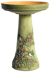 Our Hummingbird Handcrafted Clay Birdbath Set on the green moss background is beautifully handcrafted and painted in the USA