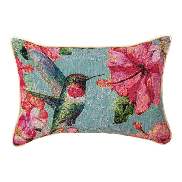 Our Hummingbird and Hibiscus Tapestry Accent Pillows  will certainly be a beautiful and vibrant addition to your home and will make any space feel comfy and cozy. This set of two, 17" x 12" pillows features durable stitching and vivid colors to add warmth and color to any room in your home. Toss this accent throw pillow on a sofa, bed, or chair and change the mood of a room!