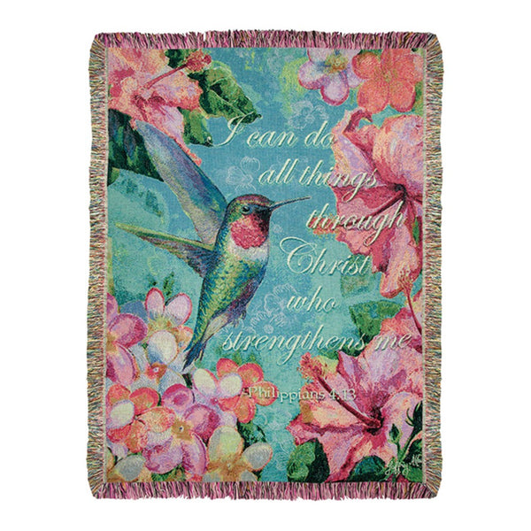Our Hummingbird and Hibiscus, I Can Do All Things Through Christ, Inspirational Tapestry Throw has been proudly made and woven in the USA and will add an abundance spiritual charm and love of nature to your home! Our decorative throw blanket is very colorful and features an array of hibiscus and a hummingbird who is enjoying a day of nectar. Size is 50”x60”.