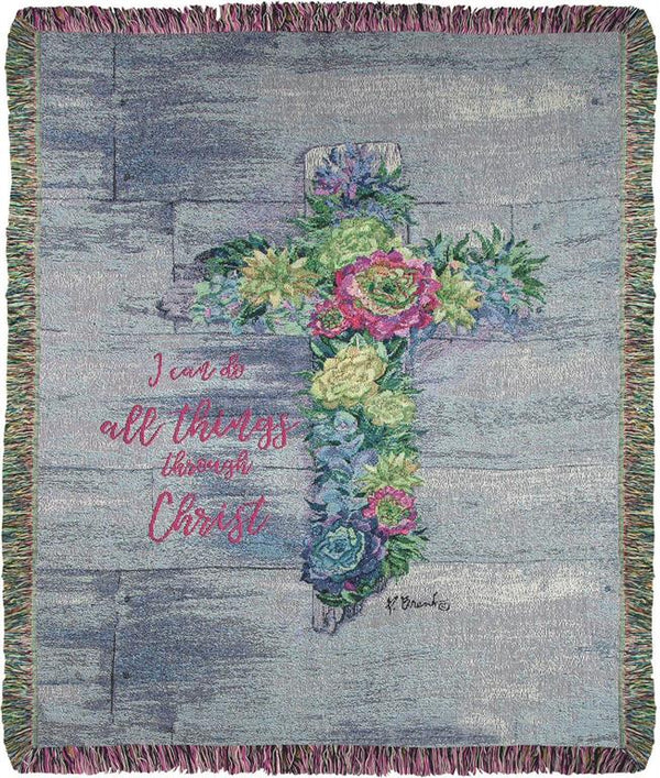 Our I Can Do All Things Through Christ Succulent Cross Throw Blanket is also wonderful as an inspirational wall hanging.