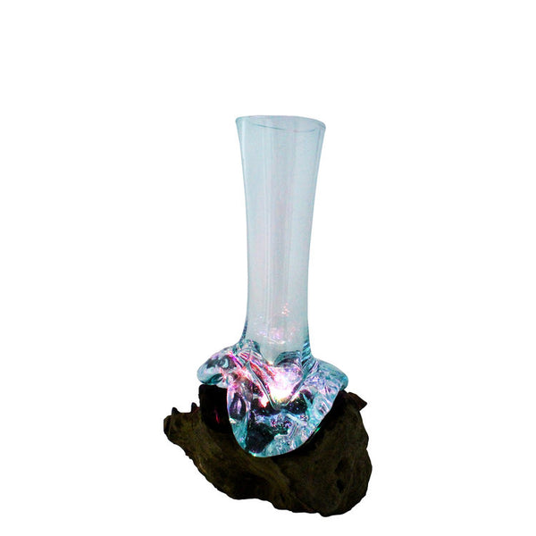 Our Illuminating Hand Blown Molten Glass and Wood Stem Vase is a one of a kind piece that illuminates under the glass
