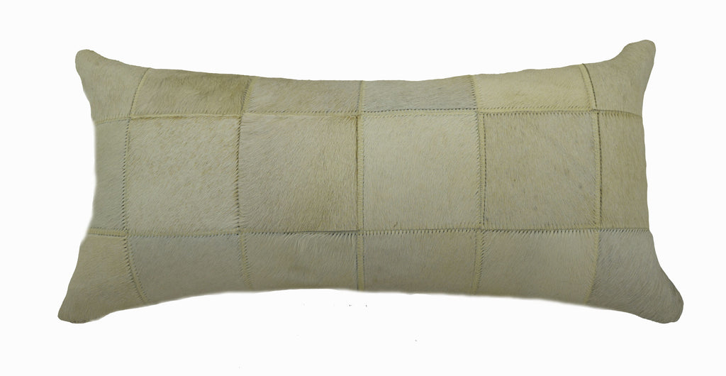 Ivory Cowhide Patchwork Lumbar Pillow is 20” long x 12” tall and features an assortment of ivory cowhide colors … all patchworked together to make a decorative pillow.