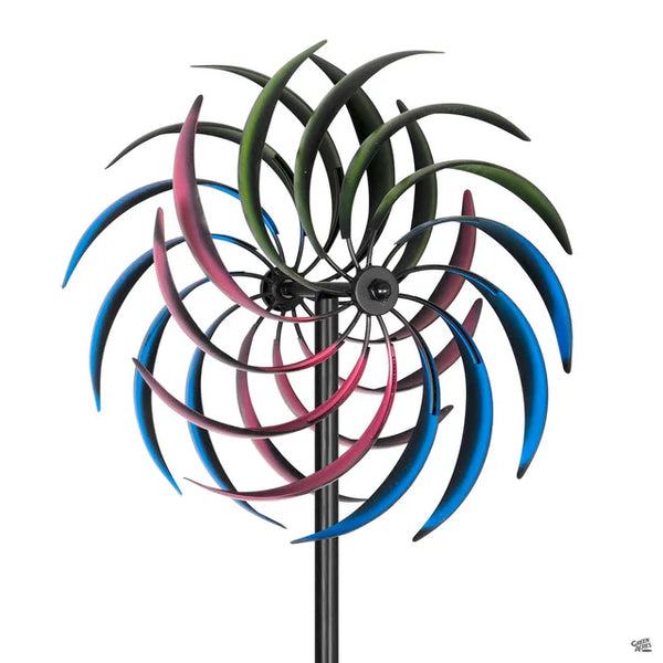 Our Kokopelli’s Feathers Kinetic Wind Spinner features an assortment of bright colors will that spin and twirl and create a motion of beauty. This unique wind spinner for your garden features two heavy metal bi-directional rotor blades (front and back) that independently rotate, enabling them to catch a breeze and begin the mesmerizing display of motion. Overall size is 84" Tall x 24" Wide.