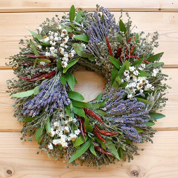 This fragrant Lavender, Chili and Herb Natural Dried and Preserved Wreath - 16” is custom made in the USA