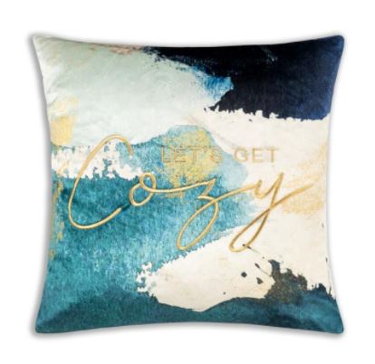 Our Let’s Get Cozy, Digitally Printed and Embroidered Word Throw Pillow is 20” square and has been digitally printed in a cowhide pattern with gold embroidered thread with the words Let’s Get Cozy.
