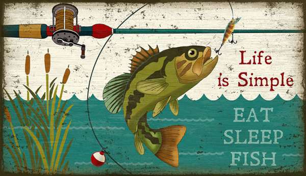Made in the USA, our Life is Simple … Eat Fish Sleep, Rustic Lodge Wall Sign (15”x26”) will add fun and color to any wall