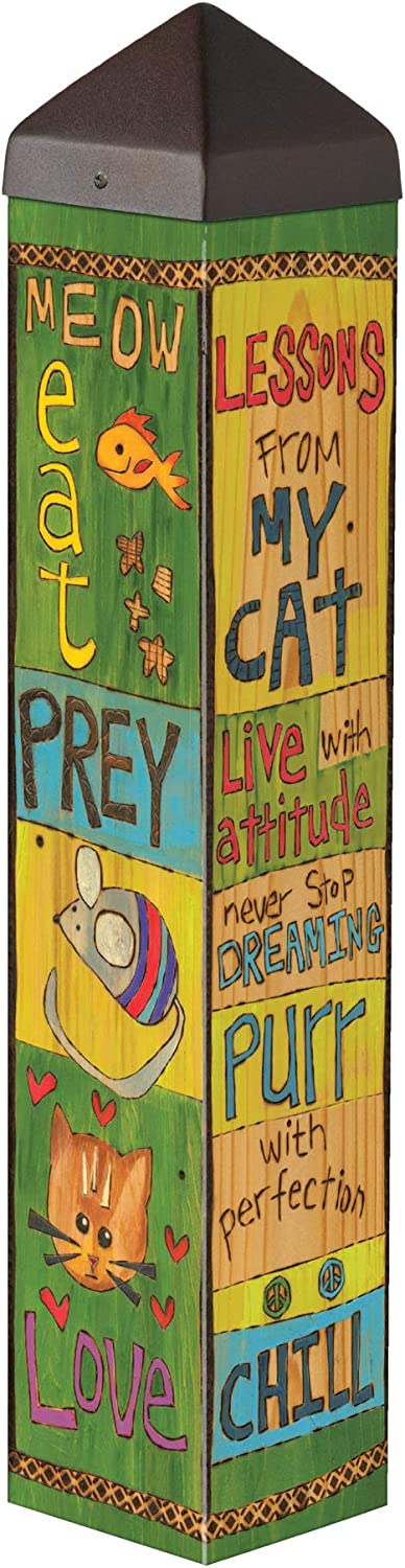 Our Life is Best With My Cat Decorative Obelisk Garden Yard Art Post is made in the USA and features an ultra-durable, maintenance free PVC post that has been wrapped with one of our bright automobile grade, all weather, vinyl artwork pieces to create a yard art sculpture that creates the ultimate WOW factor. Each colorful piece has a message that is inspiring and fun and will be so well loved in your garden. Size is 20” tall x 4” square.