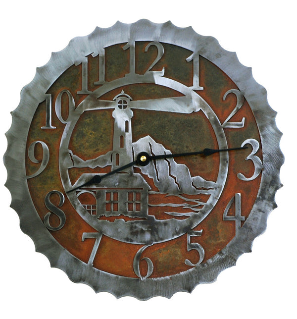 Our Lighthouse Handcrafted Metal Wall Clock - 12" is truly a work of art and is custom made to order in 14 gauge steel two-tone rust and silver combination
