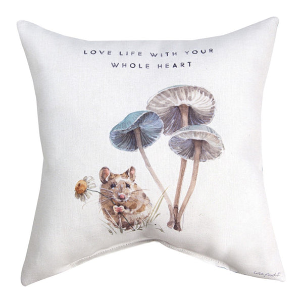 Our Love Life With Your Whole Heart Reversible Indoor Outdoor Word Pillows are manufactured in the USA from quality made weather resistant fabric, durable stitching and vivid colors that will add color and coziness to your home. The are 18” in size and come as a set of 2 and very versatile and inviting for both indoors and outdoors settings. Shown is the front of this pillow. Shown is the front side of the pillow. 