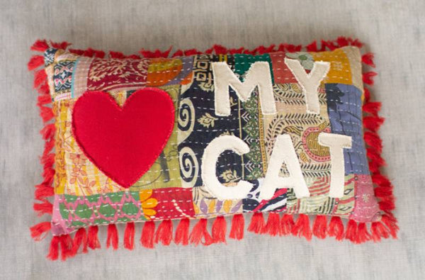 Add color and style to your home with our handcrafted to perfection, Love My Cat Patchwork Word Lumbar Pillow