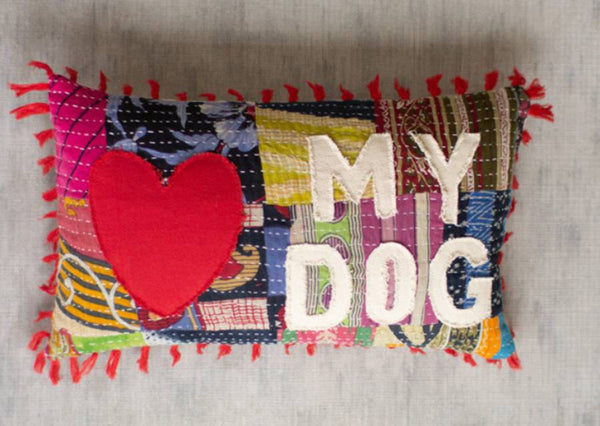 Add color and style to your home with our handcrafted to perfection, Love My Dog Patchwork Word Lumbar Pillow