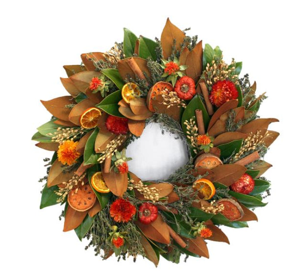 Our Farm Fresh Magnolia and Quince Fall Inspired Wreath is 20” in diameter and features slices of quince and orange dried flowers, cinnamon stick and orange slices… This fresh and fragrant wreath is handmade from all natural ingredients grown and harvested in the USA.  