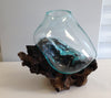 Medium Hand Blown Molten Glass and Wood Root Sculptured Terrarium / Vase / Fish Bowl 