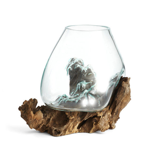 Medium Hand Blown Molten Glass and Wood Root Sculptured Terrarium / Vase / Fish Bowl (8x9”)