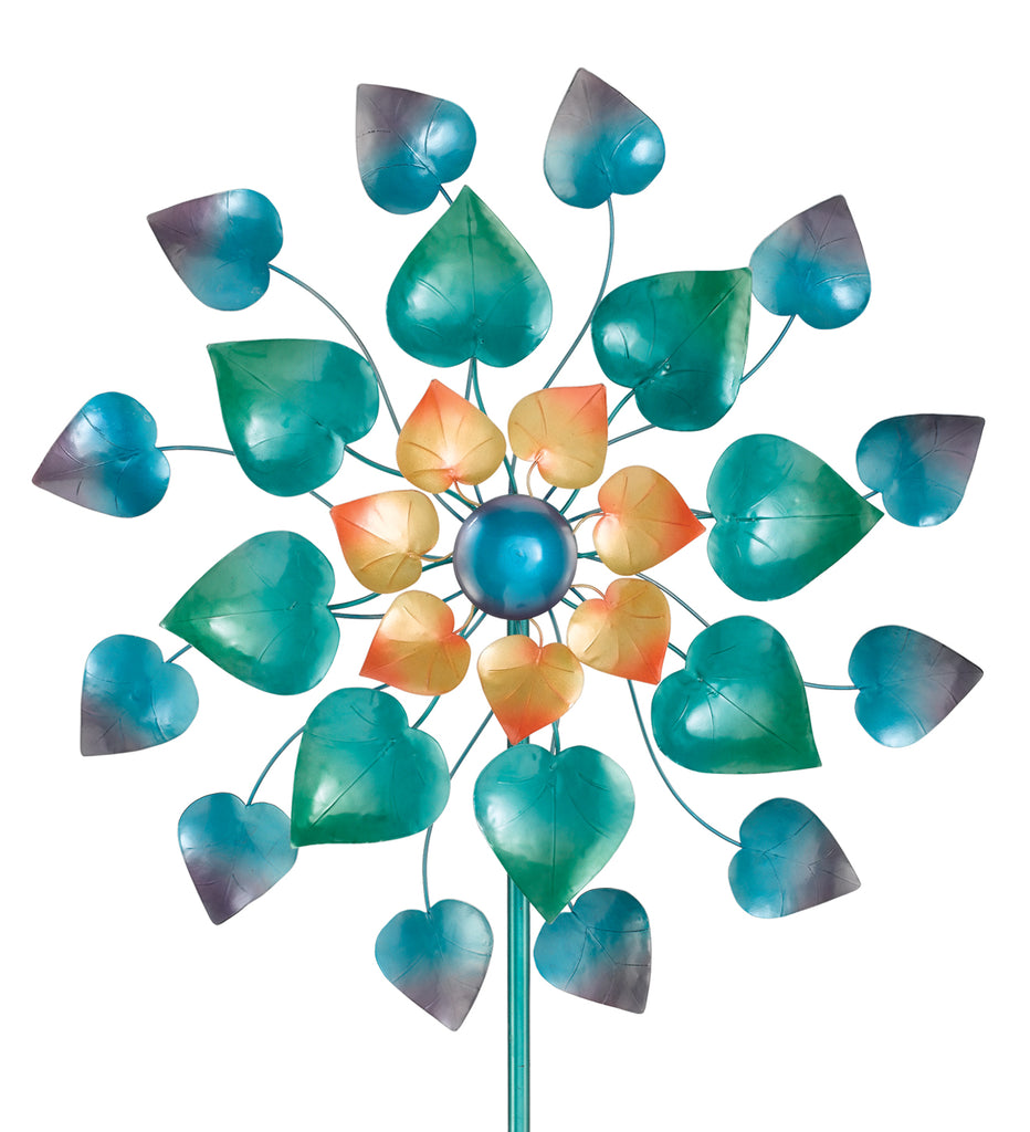 This is the top section of our Mesmerizing Metal Leaves Kinetic Garden Stake Wind Spinner features two spinning blades designed to resemble a flower with blades spin in opposing directions at the same time. It is a great piece to add fun, color and movement to your garden.