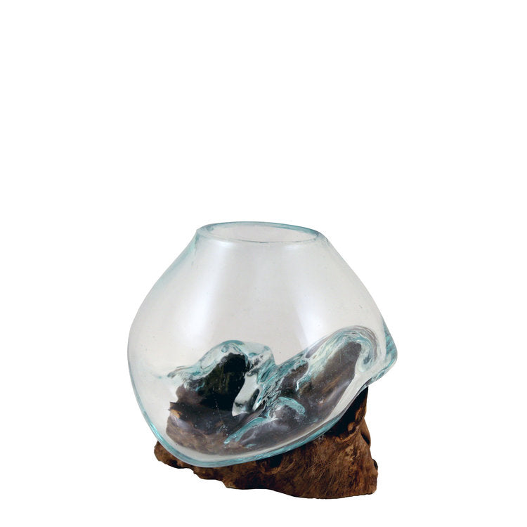 Mini Hand Blown Molten Glass and Wood Root Sculptured Terrarium / Vase / Fish Bowl (7x7”) shown in our dark wood color. This item is also available in bleached wood color.