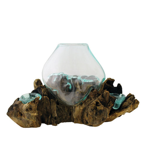 Hand Blown Molten Glass and Wood Root Sculptured Terrarium / Vase / Fish Bowl with Double Candle Holders
