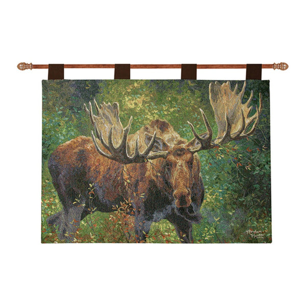 Our Moose With A Wide Load Tapestry Wall Hanging has been proudly made and in the USA.  This 100% cotton heirloom-quality woven tapestry wall hanging will add a touch of rustic inspiration and charm to your home or perhaps your cabin. Comes complete with hanging rod. Size is 26”x36”.
