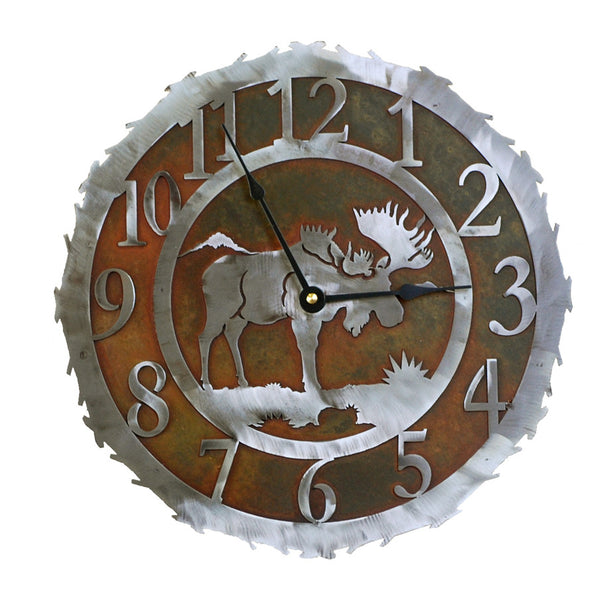 Our Moose Handcrafted Rustic Metal Wall Clock - 12" is truly a work of art and is custom made to order in 14 gauge steel two-tone rust and silver combination