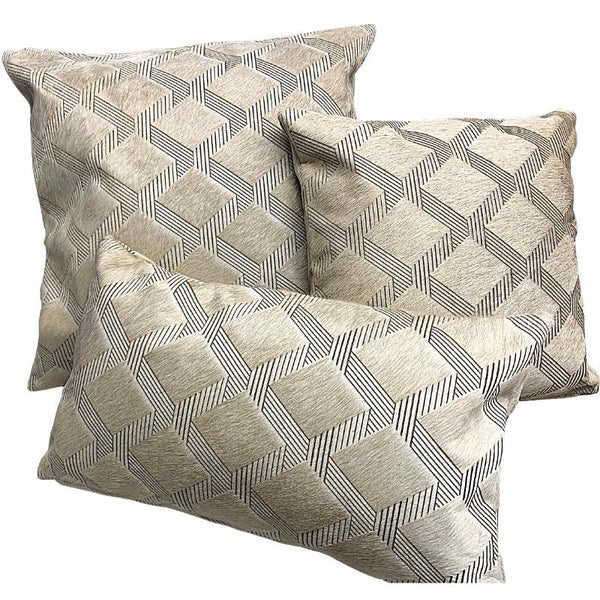 Our Natural Champagne Cowhide Diamond 3-D Laser Cut Throw Pillows are created by hand and include premium duck feather inserts. Each pillow is hand finished with an extra strong lining along with American made YKK zippers. They are available in 3 sizes, 18” square, 22” square and 22”x13” lumbar.