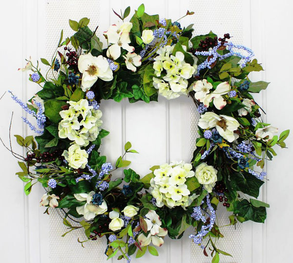 Welcome guests into your home with our Natural Hydrangea and Dogwood Elegant Front Door Wreath - 23 inch  