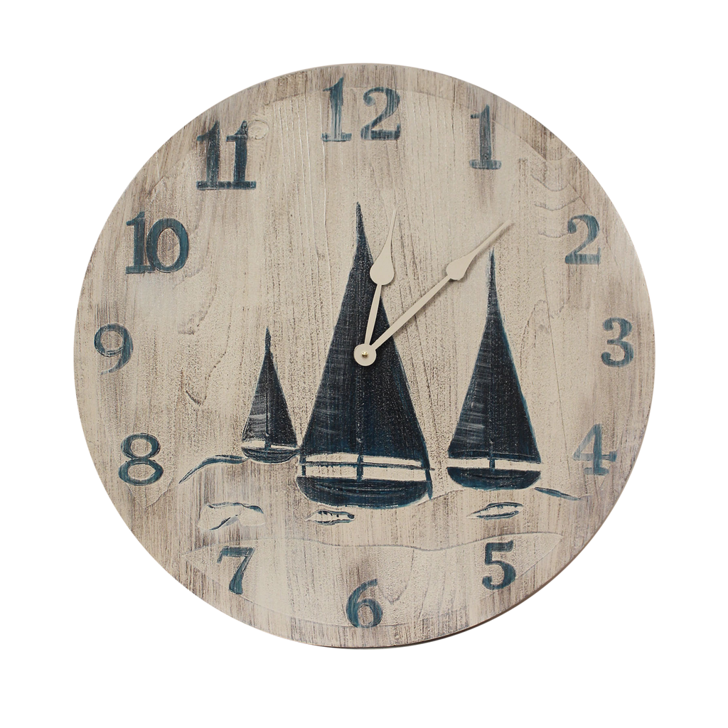 Our Navy Blue and White  Wood Clock with Etched Sailboat Scene (24") will add warmth and decoration to any wall in your home or patio room. 