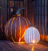 Our Orange Orange and White Metal Indoor/Outdoor Pumpkin Candle Luminary Lantern Set are handcrafted and will certainly brighten and lighten up your walkway, your patio or even your indoor table décor. The exquisite creativity in these pumpkins is so beautiful and detailed. Whether you use them together or separately, they make a magical statement for fall and Halloween decorations, as well as, Thanksgiving decorations and equally great for both inside and outside décor.