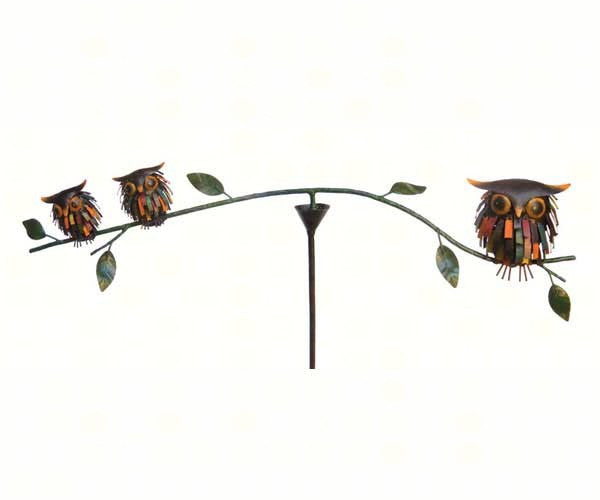 Our Owl Family Metal Kinetic Balance Garden Stake / Mobile will add function and fun to your garden. This handcrafted multi-functional metal garden decoration features a cat with fish on both ends of the balance bar and it is a fun piece to display outdoors or indoors if you so choose. The cat has been hand painted with spikey looking detail and colors and the entire piece has been powder coated for weather resistant use.