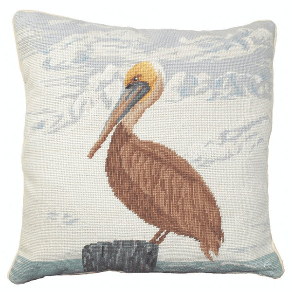 Our Pelican Handcrafted Needlepoint Throw Pillow is 18” square and comes with your choice of polyester filling or, for an upcharge, you can have your pillow stuffed with down (duck) feathers.