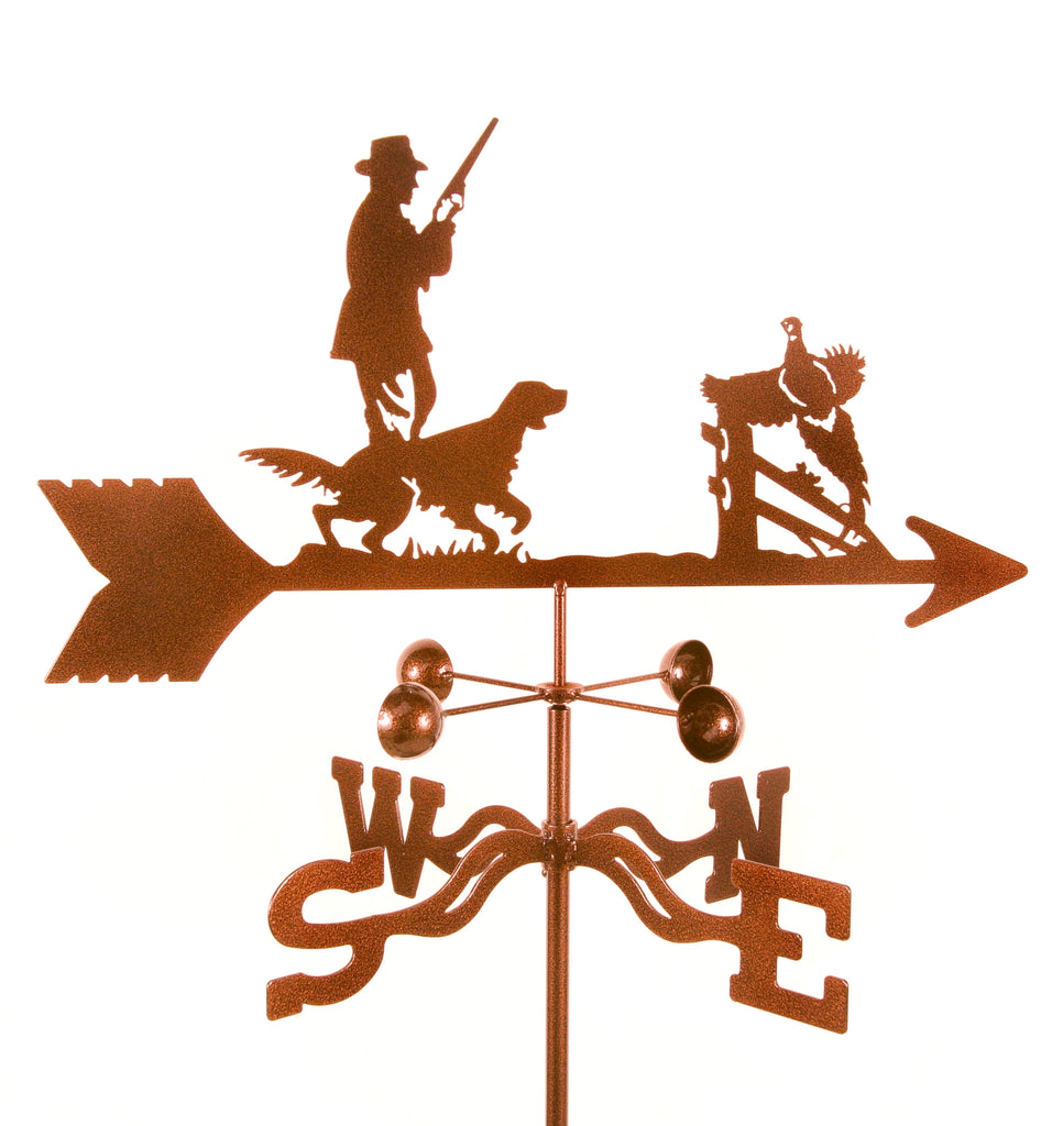 Our Pheasant Hunter and His Dog Rain Gauge Garden Stake Weathervane is made in the USA of quality materials and workmanship and will add decoration to your garden and collect water at the same tie.