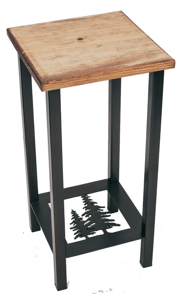 Our Pine Tree Metal and Wood Side Table is custom made and is 11” square x 23” tall and great for any room in your rustic décor style home.