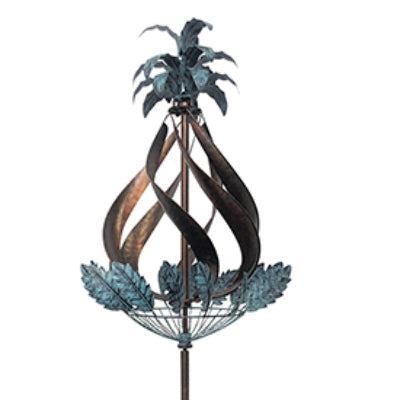 Our Pineapple Vertical Kinetic Wind Spinning Sculpture features bronze colored blades with a blue patina leaves and crown that will spin and twirl and create a motion of beauty. This unique wind spinner for your garden features heavy metal rotor blades that rotate with the slightest bit of breeze and it is sure to mesmerize you with its display of motion. Overall size is 75" Tall x 24" Wide.