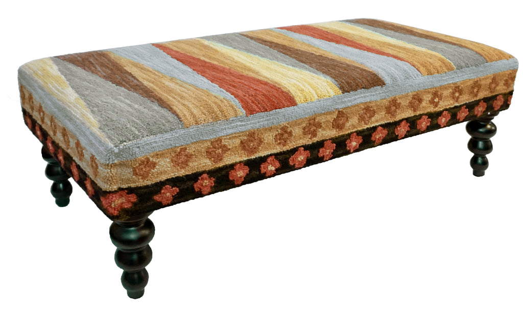 Our Pinwheel of Stripes Handcrafted Hooked Wool Bench features vibrant colors and is 47” in length x 24” deep x 16” tall and great in your entryway, living room and more