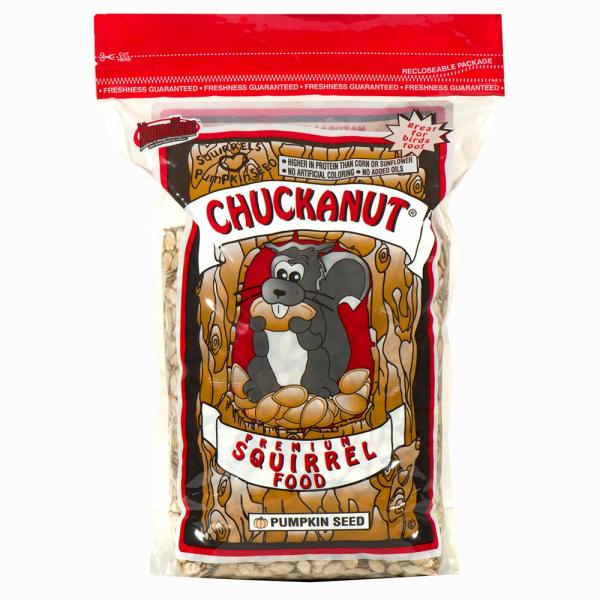 Our Premium Squirrel Food by Chuckanut is available in 3# or 10# and Made in the USA just for squirrels. This premium blend is designed with squirrels nutritional needs kept in mind. The bag contains all natural pumpkin seeds which squirrels love!