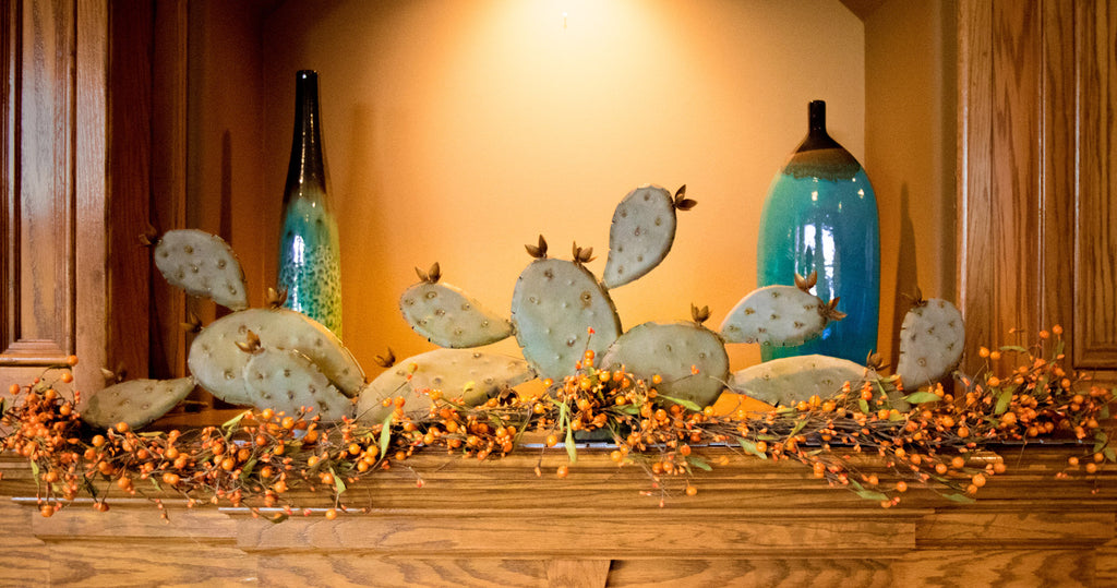 Prickly Pear Cactus Metal Yard Art, Table, Mantle Sculpture with fall berries
